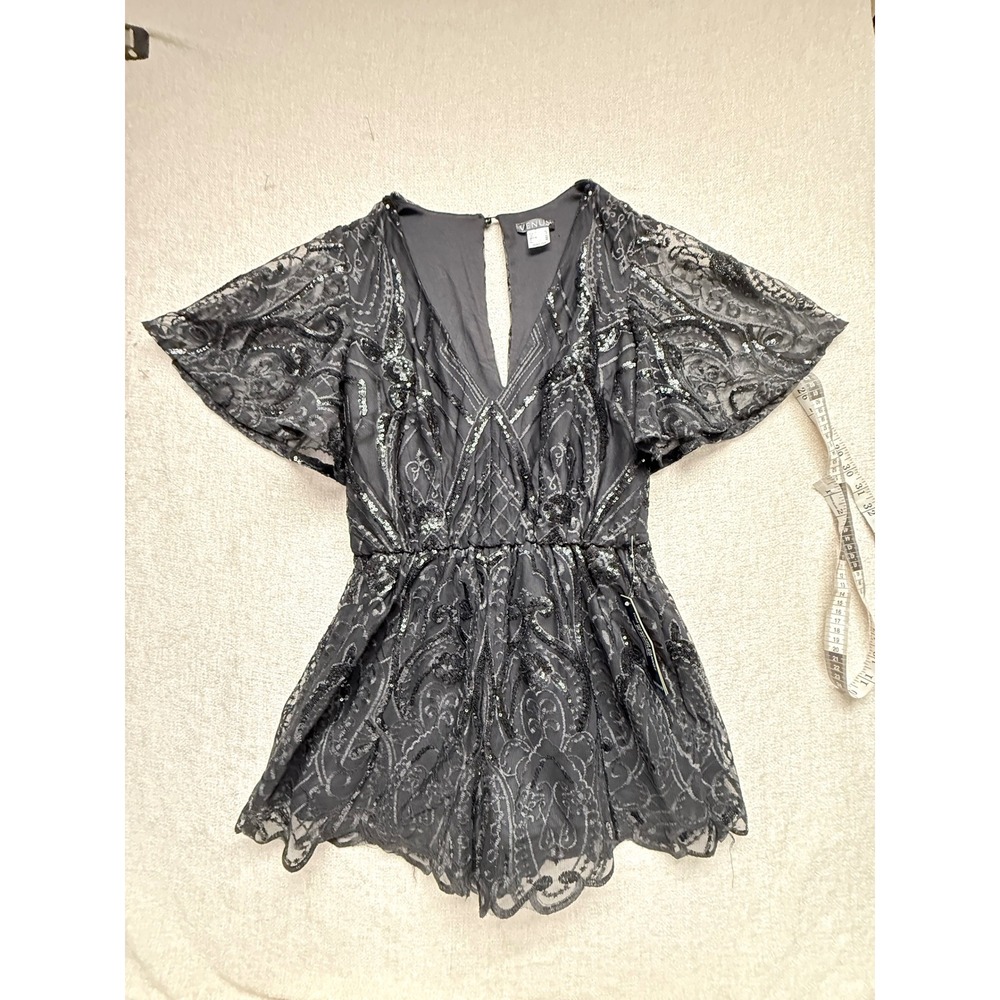 Venus Black Sequin Lace Flutter Sleeve Romper V-Neck Keyhole Back Size 2